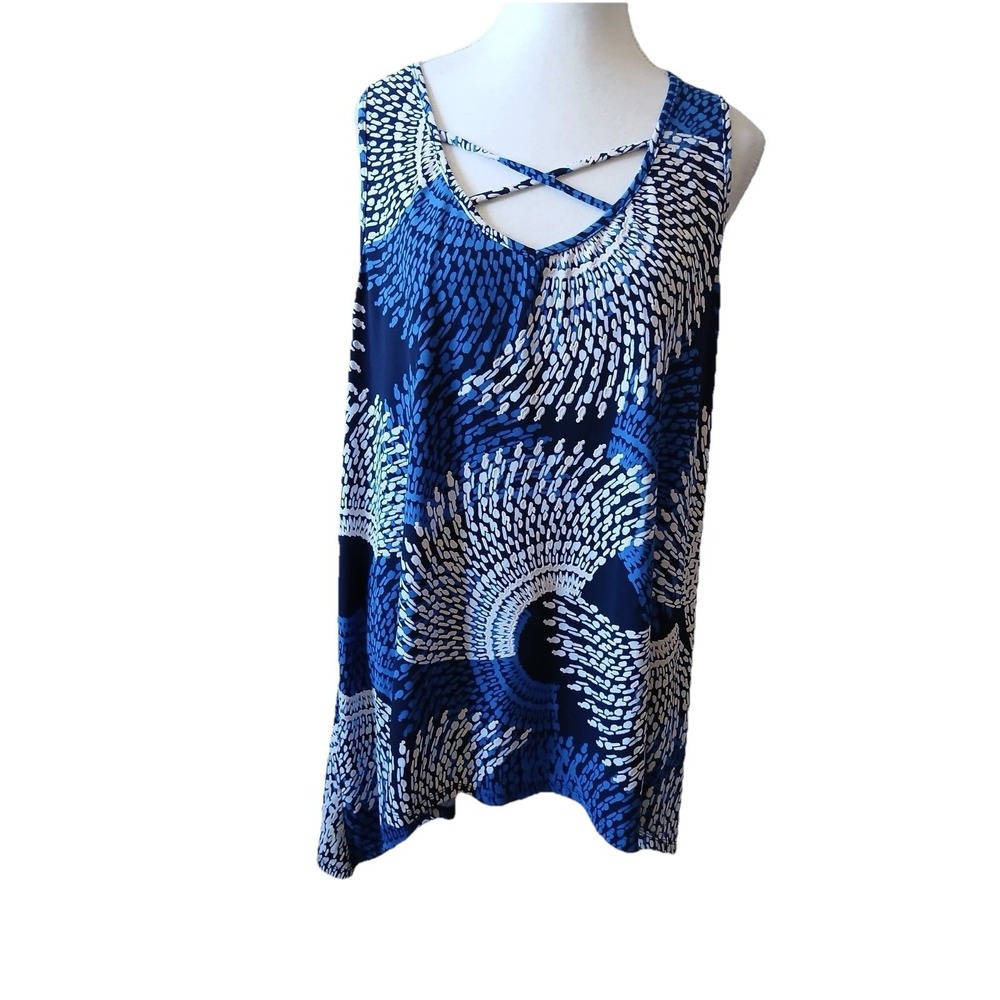 SJS Womens Blouse Tunic 3X Sleeveless Blue‎ & White Puff Paint Textured Floral